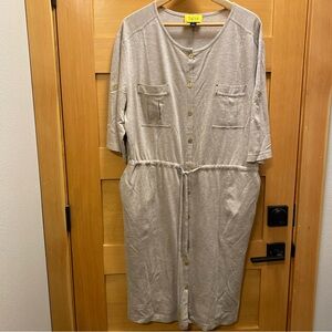 St John Spa Dress Large Jersey Button Front Drawstring Waist Short Sleeve Tan‎